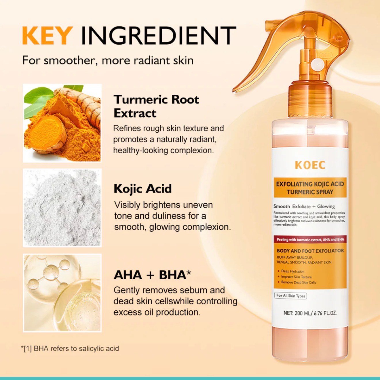 KOEC Exfoliating Kojic Acid Turmeric Spray – Body & Face Spray with AHA + BHA for Glowing, Smooth Skin - Image 3