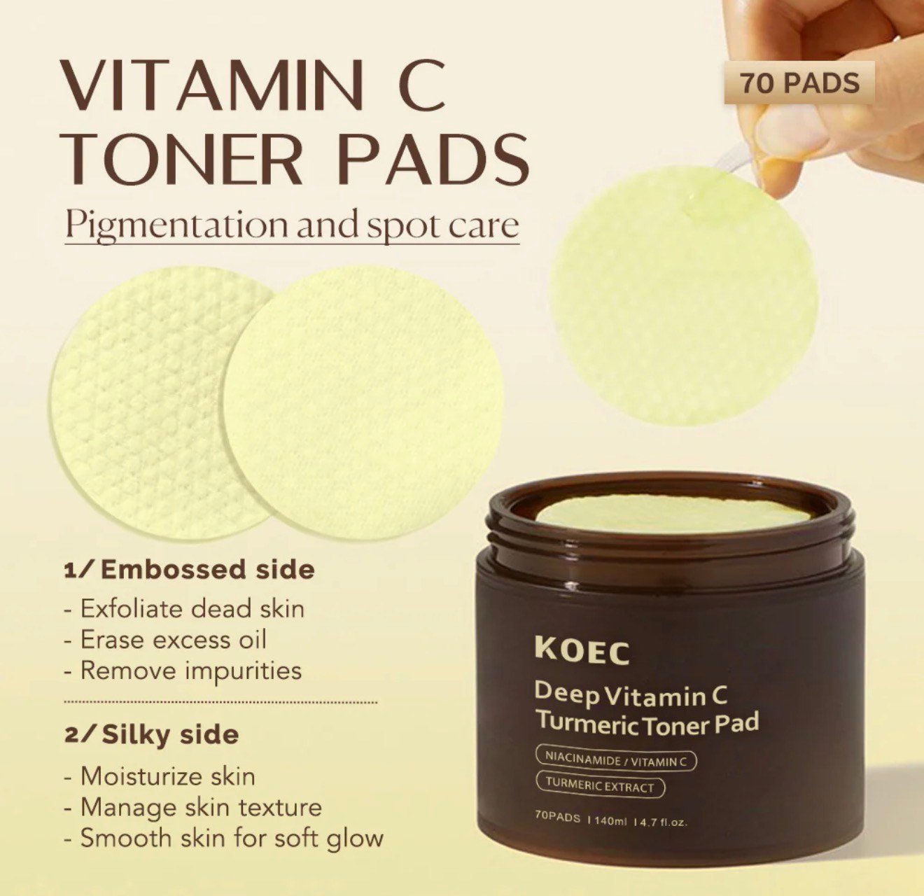 KOEC Deep Vitamin C Turmeric Toner Pads – Brightening & Dark Spot Correcting Skincare (70 Pads) - Image 4