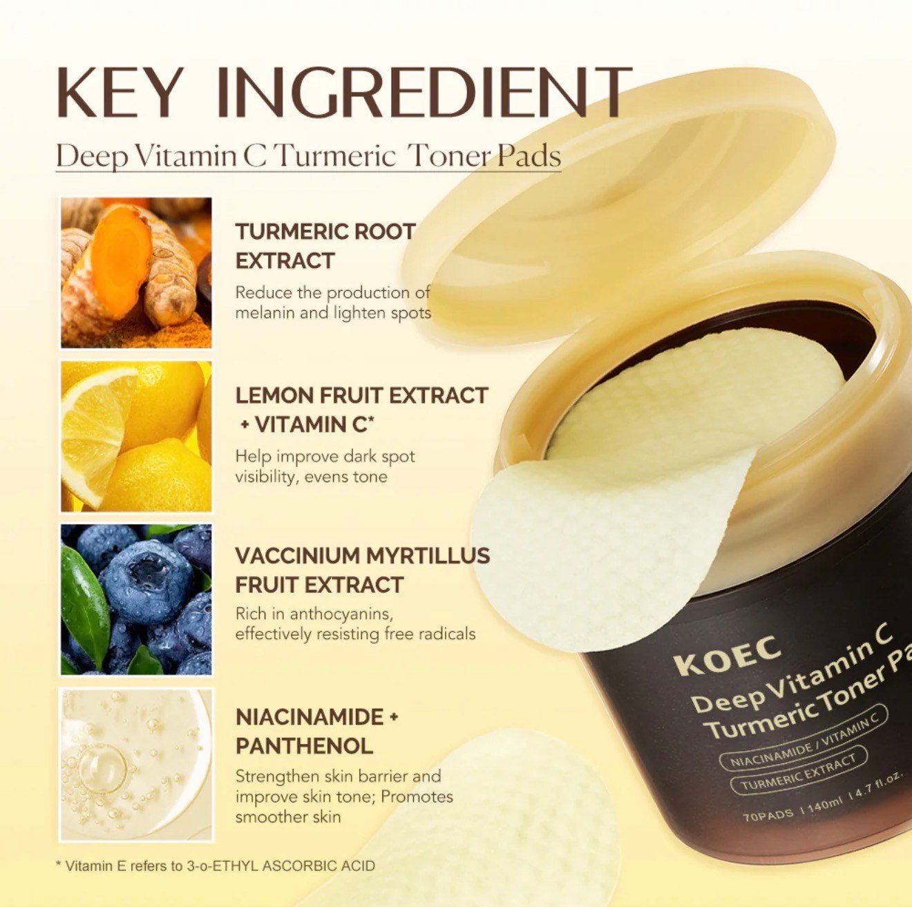 KOEC Deep Vitamin C Turmeric Toner Pads – Brightening & Dark Spot Correcting Skincare (70 Pads) - Image 3